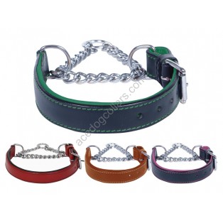 Adjustable PADDED Half check / Martingale Leather Dog Collar - Black with Green Lining. (Stainless Steel Chain)
